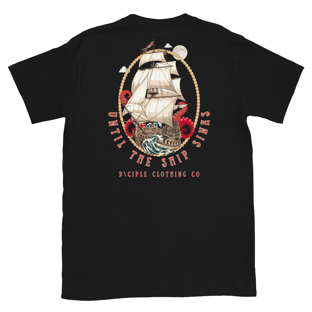 Nautical ship battling storm waves and sea creature graphic with Until The Ship Sinks text by D\CIPLE Clothing Co