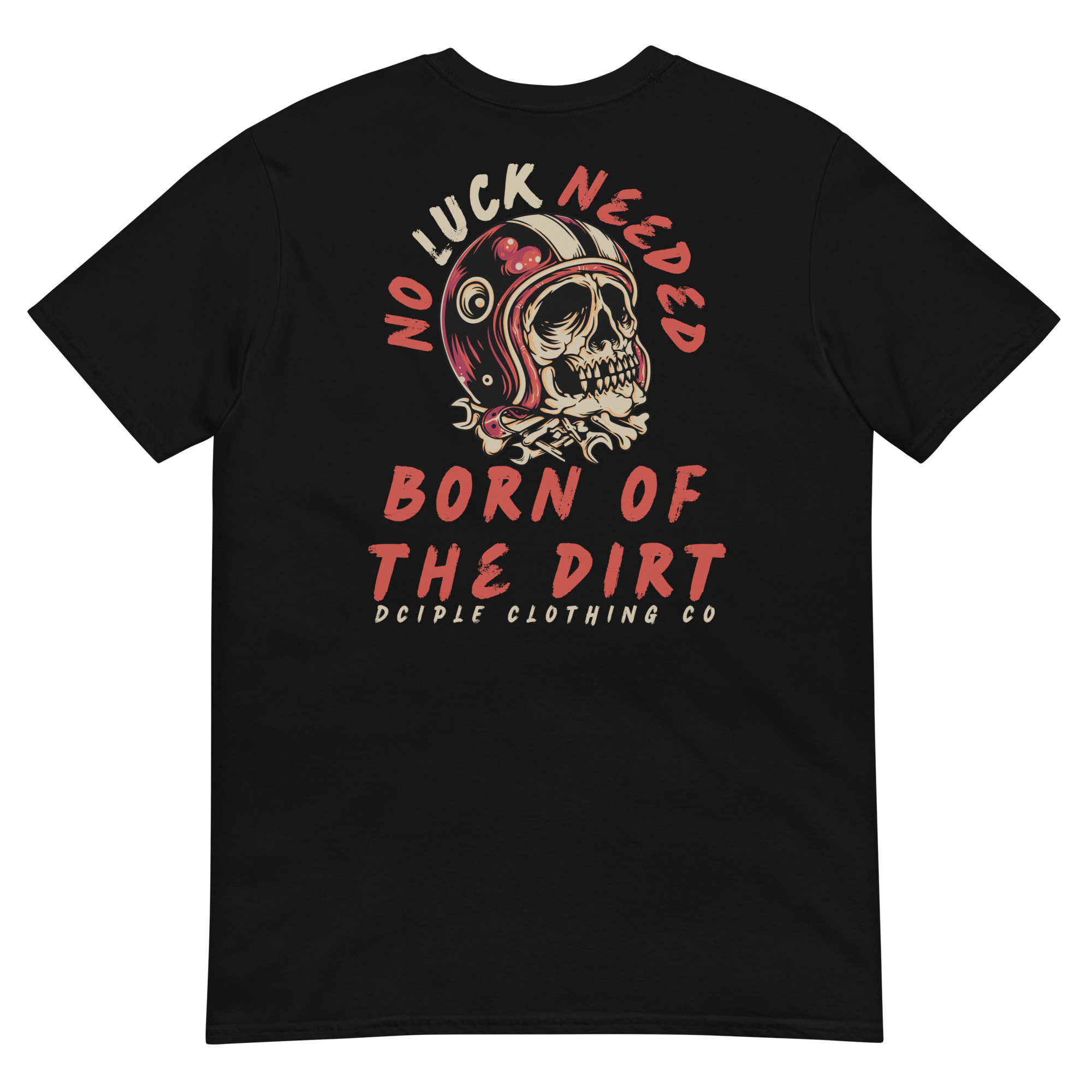Vintage skull wearing a retro racing helmet with No Luck Needed Born of the Dirt graphic on a forest green T-shirt.