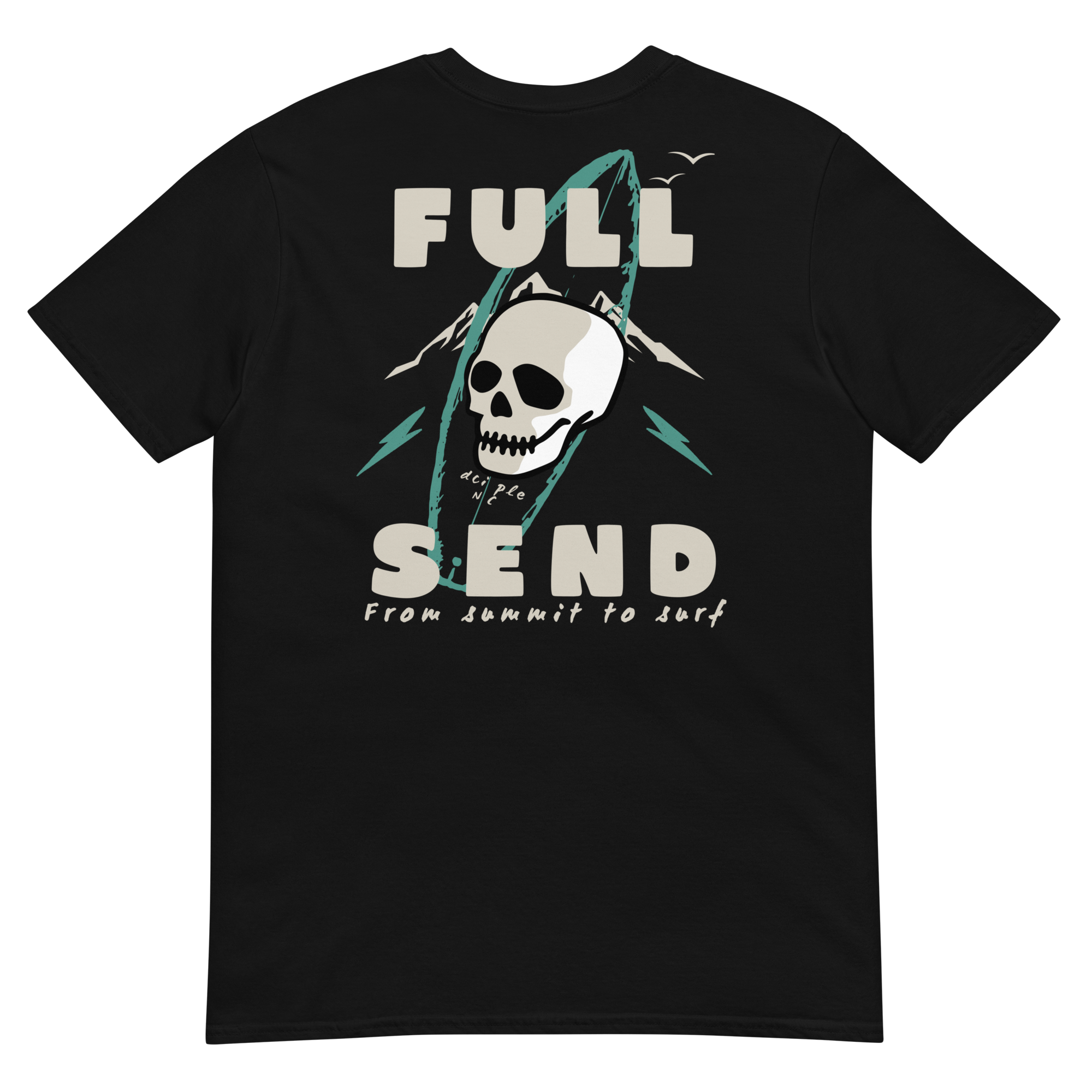 Full Send graphic T-Shirt with vintage surfboard, skull, and mountain design