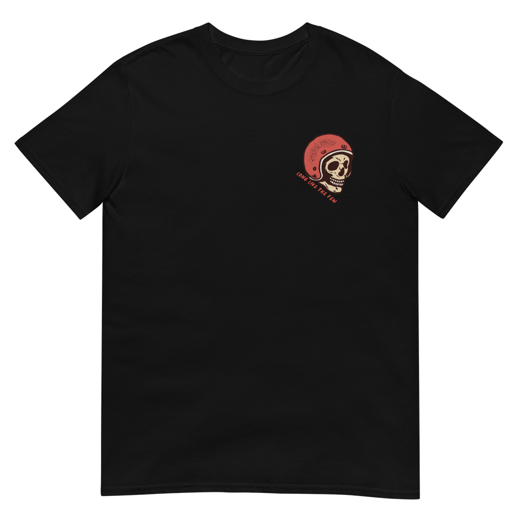 Vintage skull wearing a retro racing helmet with No Luck Needed Born of the Dirt graphic on a forest green T-shirt.