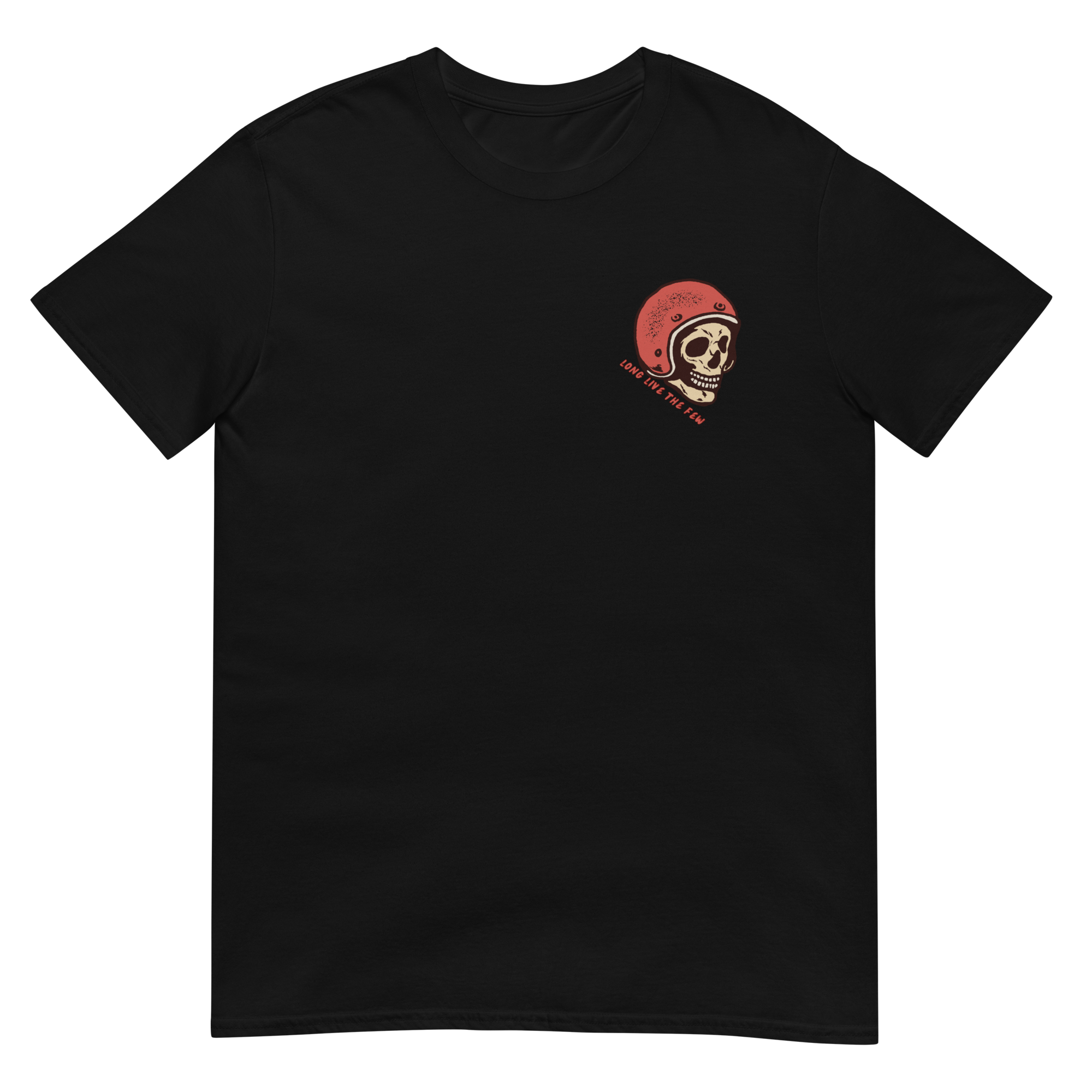Vintage skull wearing a retro racing helmet with No Luck Needed Born of the Dirt graphic on a forest green T-shirt.