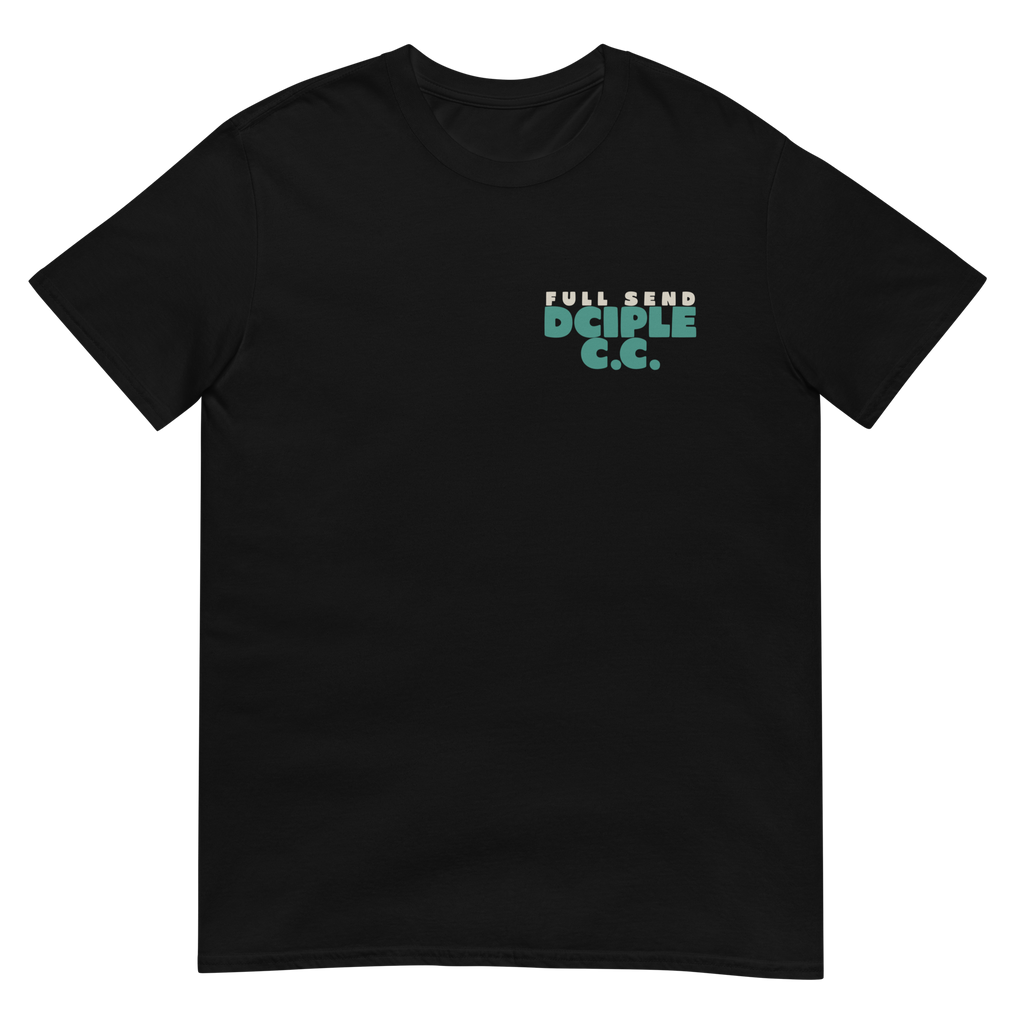Full Send graphic T-Shirt with vintage surfboard, skull, and mountain design