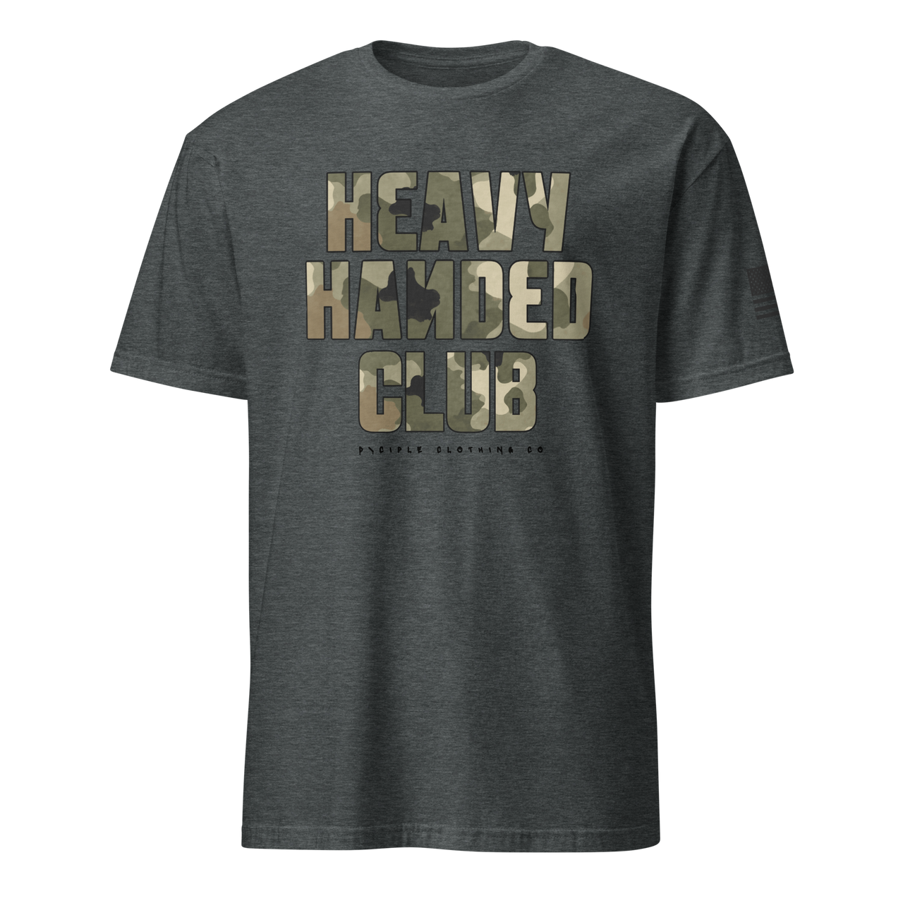 Heavy Handed Club graphic t-shirt with oversized camo typography on charcoal garment dyed tee by Dciple Clothing Co