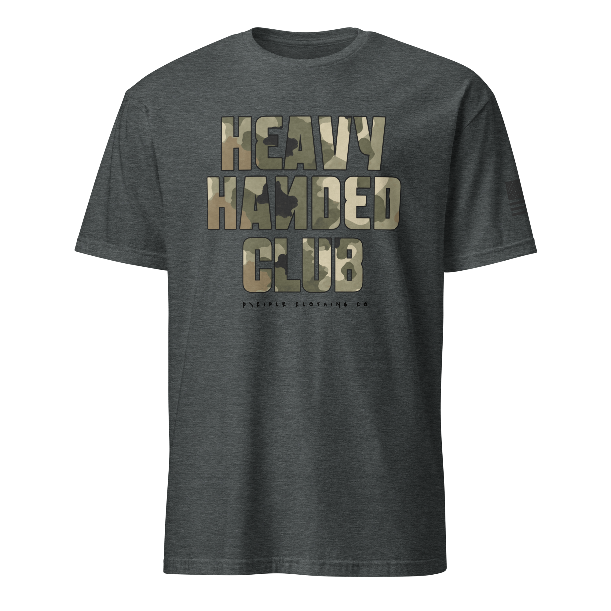 Heavy Handed Club graphic t-shirt with oversized camo typography on charcoal garment dyed tee by Dciple Clothing Co