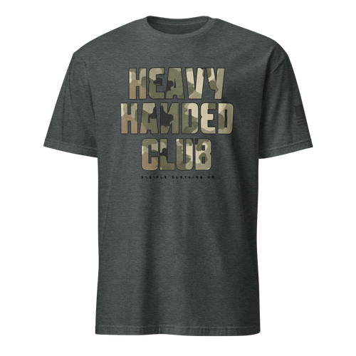 Heavy Handed Club graphic t-shirt with oversized camo typography on charcoal garment dyed tee by Dciple Clothing Co