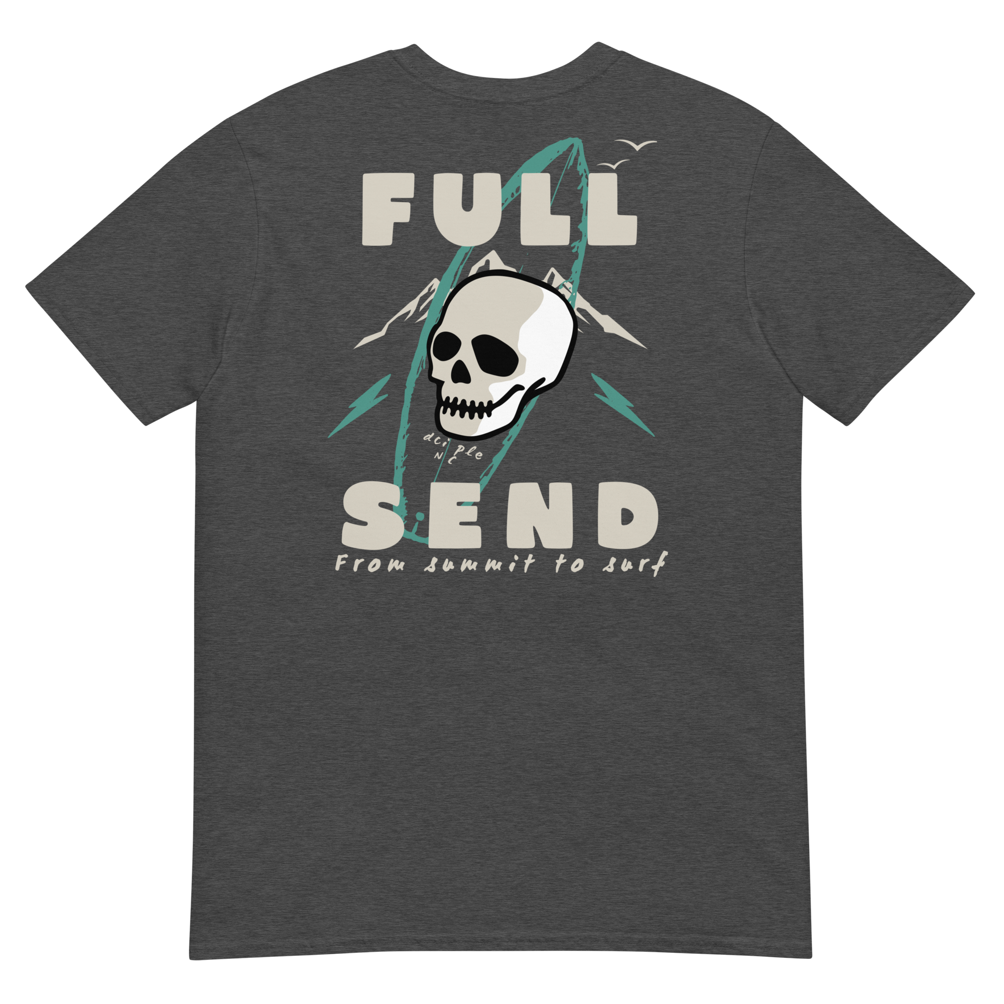 Full Send graphic T-Shirt with vintage surfboard, skull, and mountain design