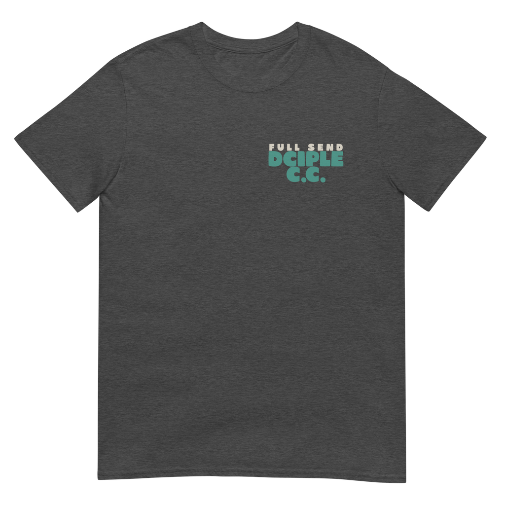 Full Send graphic T-Shirt with vintage surfboard, skull, and mountain design