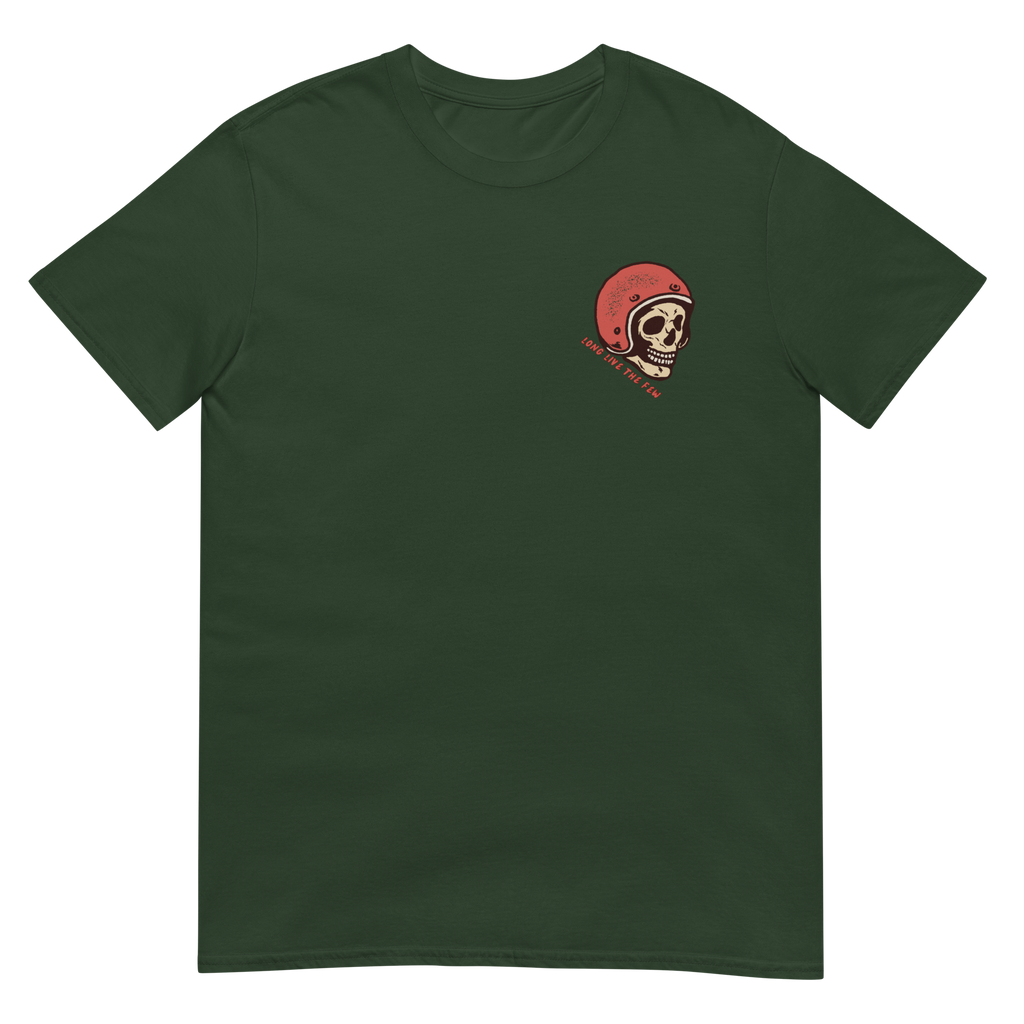 Vintage skull wearing a retro racing helmet with No Luck Needed Born of the Dirt graphic on a forest green T-shirt.