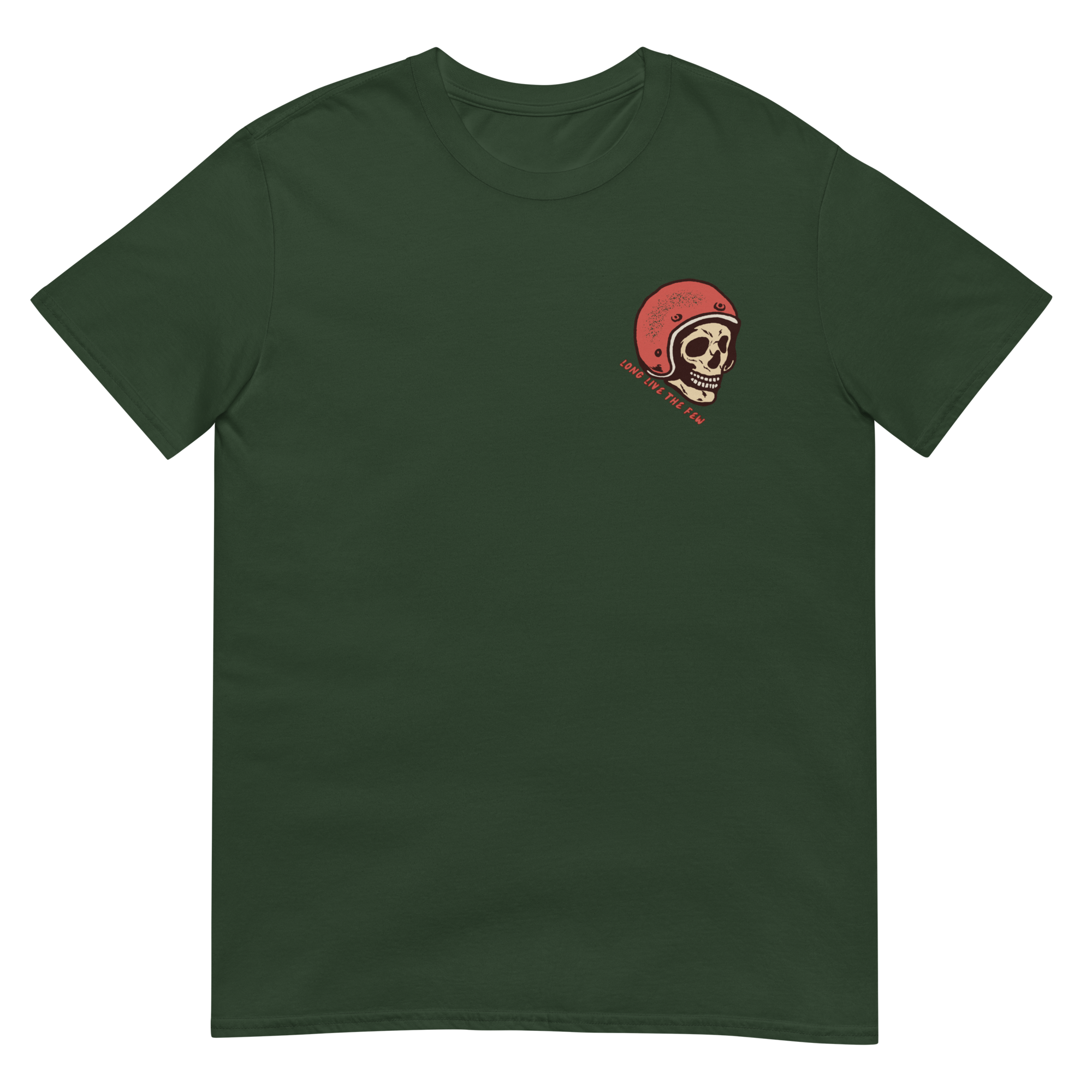 Vintage skull wearing a retro racing helmet with No Luck Needed Born of the Dirt graphic on a forest green T-shirt.