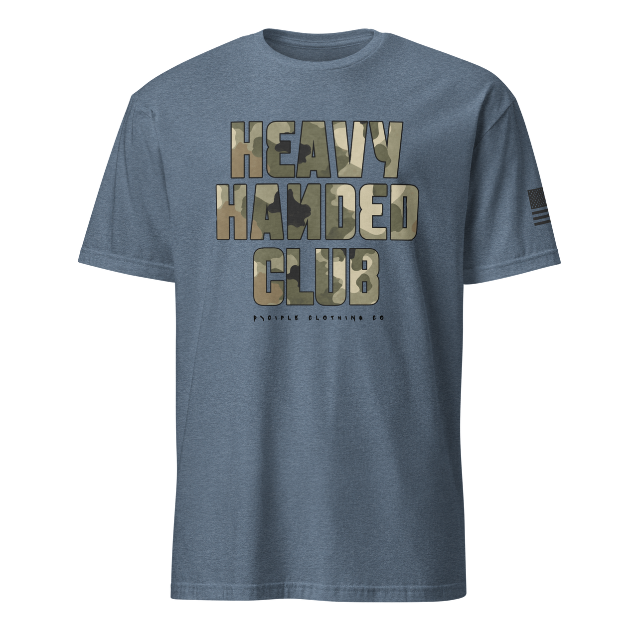 Heavy Handed Club graphic t-shirt with oversized camo typography on blue garment dyed tee by Dciple Clothing Co