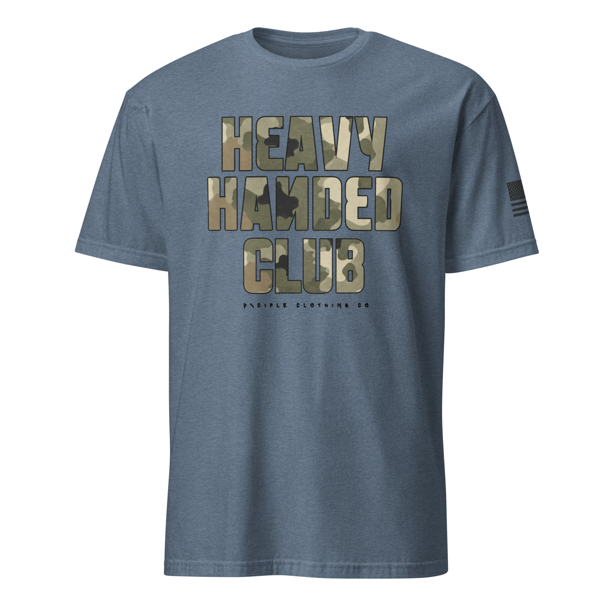 Heavy Handed Club graphic t-shirt with oversized camo typography on blue garment dyed tee by Dciple Clothing Co