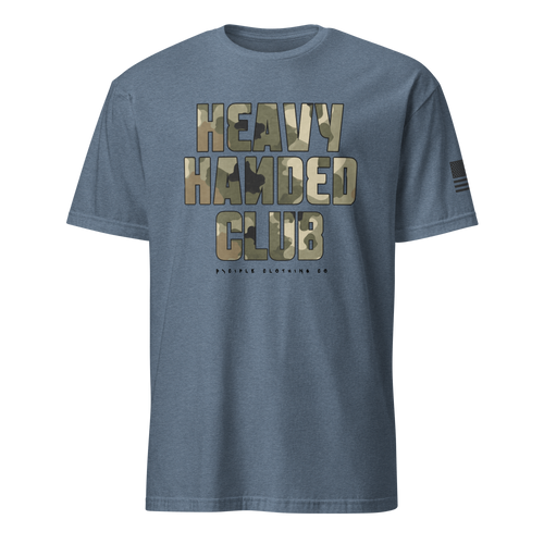 Heavy Handed Club graphic t-shirt with oversized camo typography on blue garment dyed tee by Dciple Clothing Co