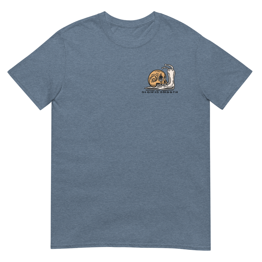 Vintage skull-shell snail graphic with Slow Is Smooth and Smooth Is Fast typography inspired by racing, riding, and motorsports culture.
