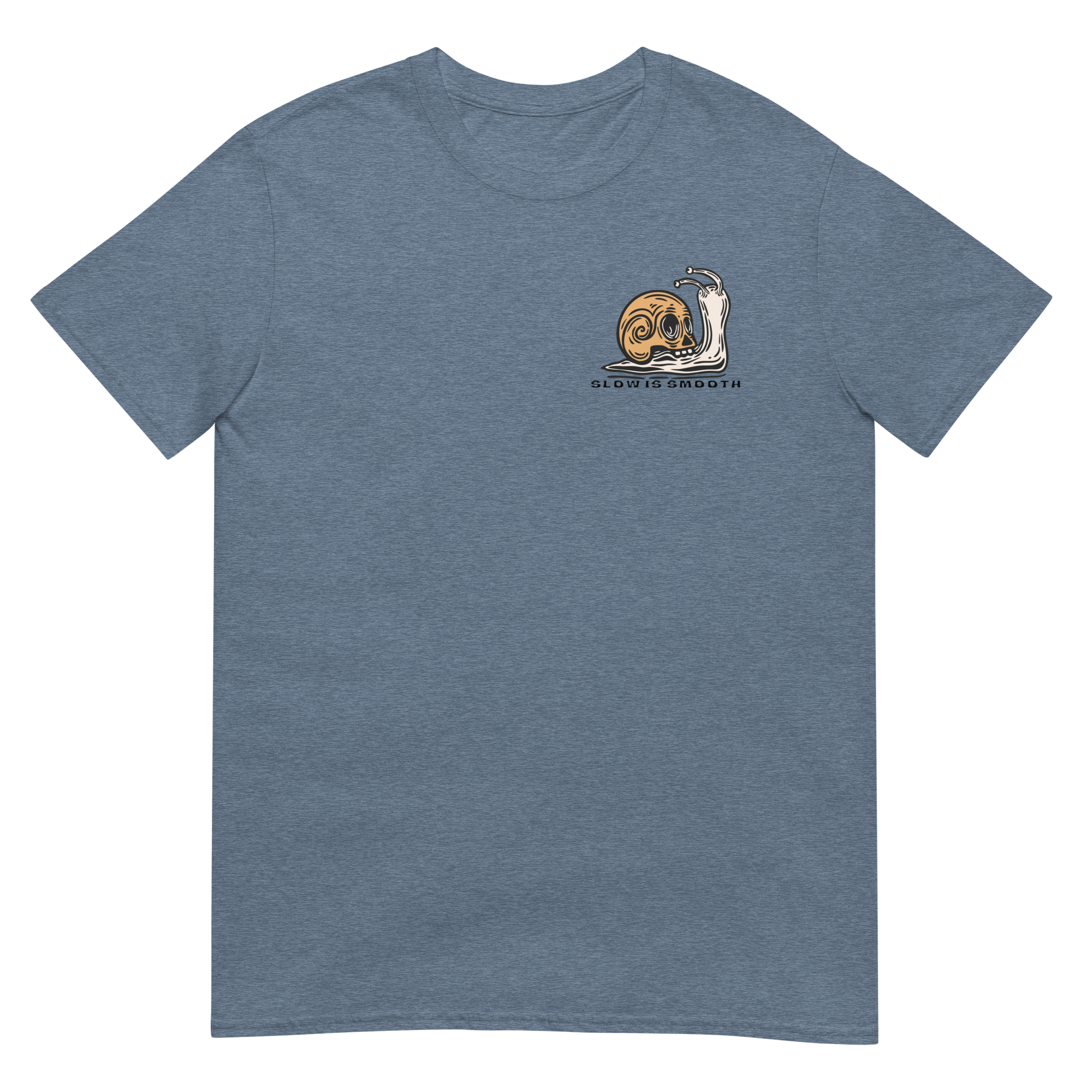 Vintage skull-shell snail graphic with Slow Is Smooth and Smooth Is Fast typography inspired by racing, riding, and motorsports culture.