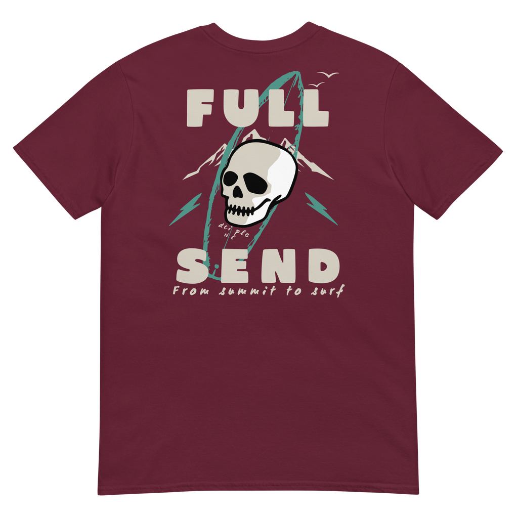 Full Send graphic T-Shirt with vintage surfboard, skull, and mountain design