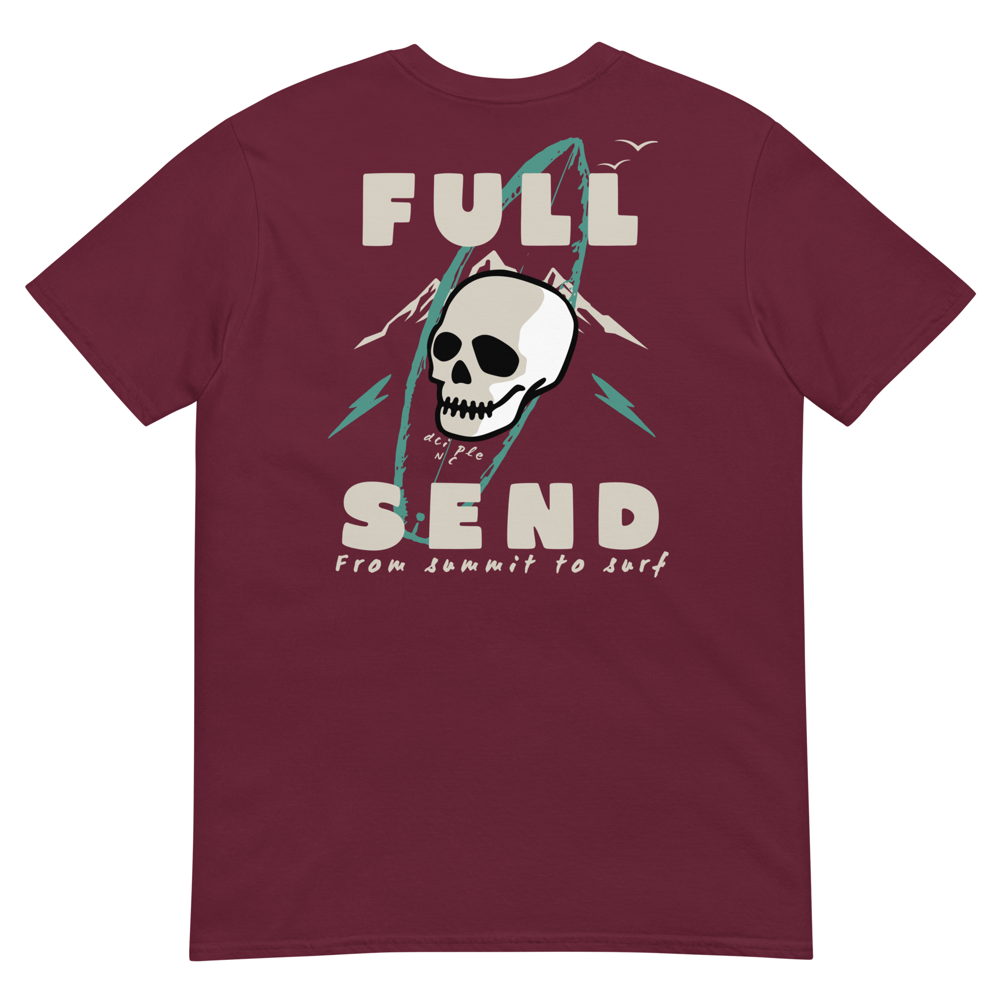 Full Send graphic T-Shirt with vintage surfboard, skull, and mountain design