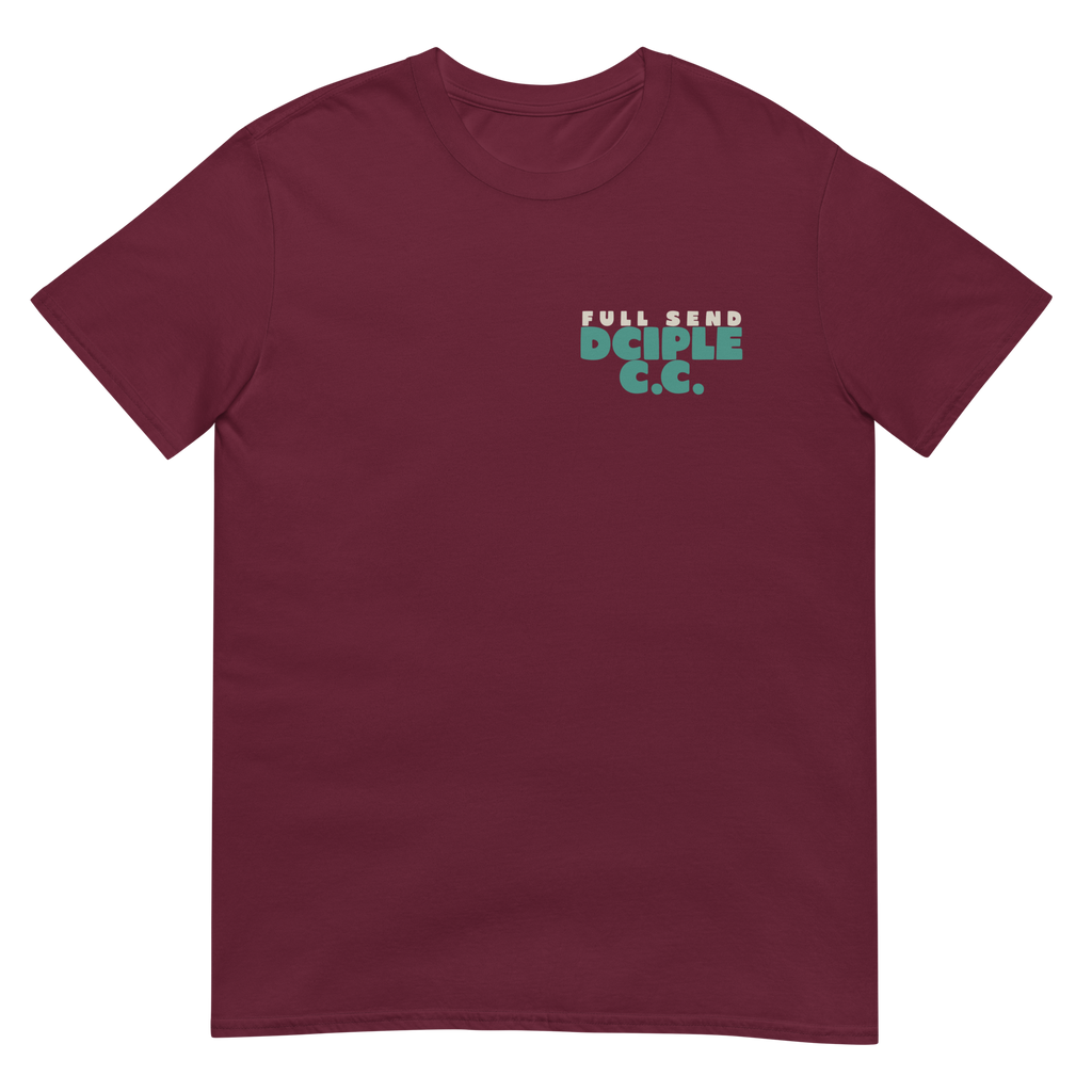 Full Send graphic T-Shirt with vintage surfboard, skull, and mountain design