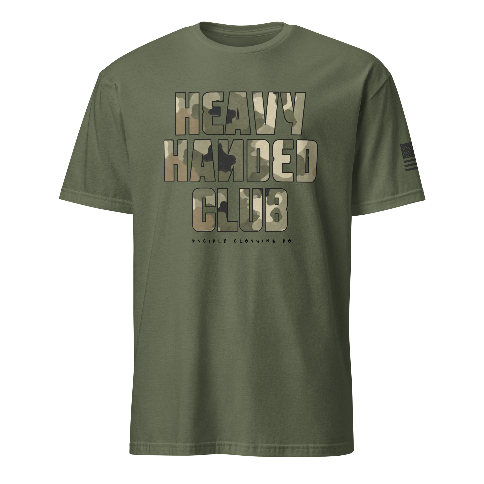 Heavy Handed Club graphic t-shirt with oversized camo typography on green garment dyed tee by Dciple Clothing Co