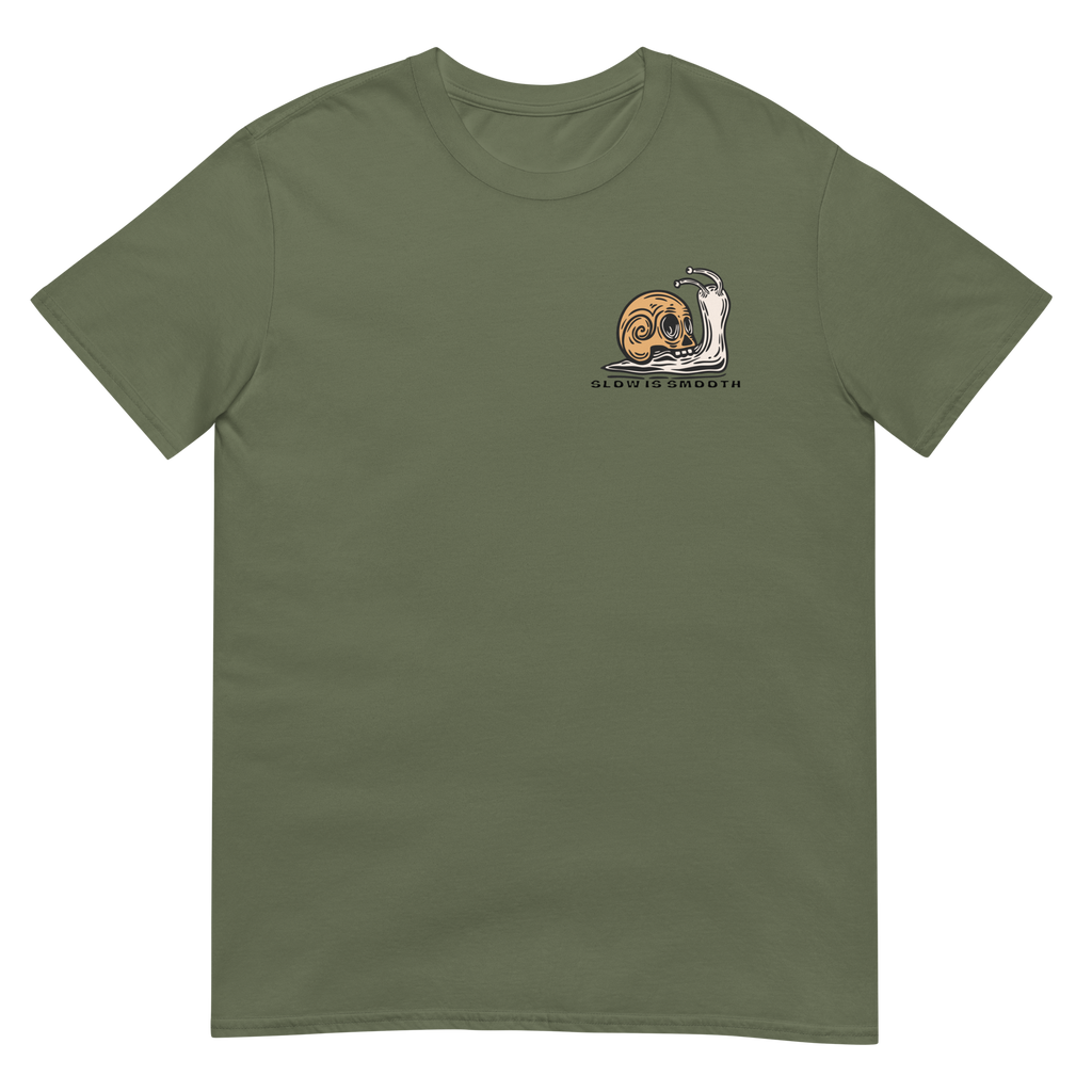 Vintage skull-shell snail graphic with Slow Is Smooth and Smooth Is Fast typography inspired by racing, riding, and motorsports culture.