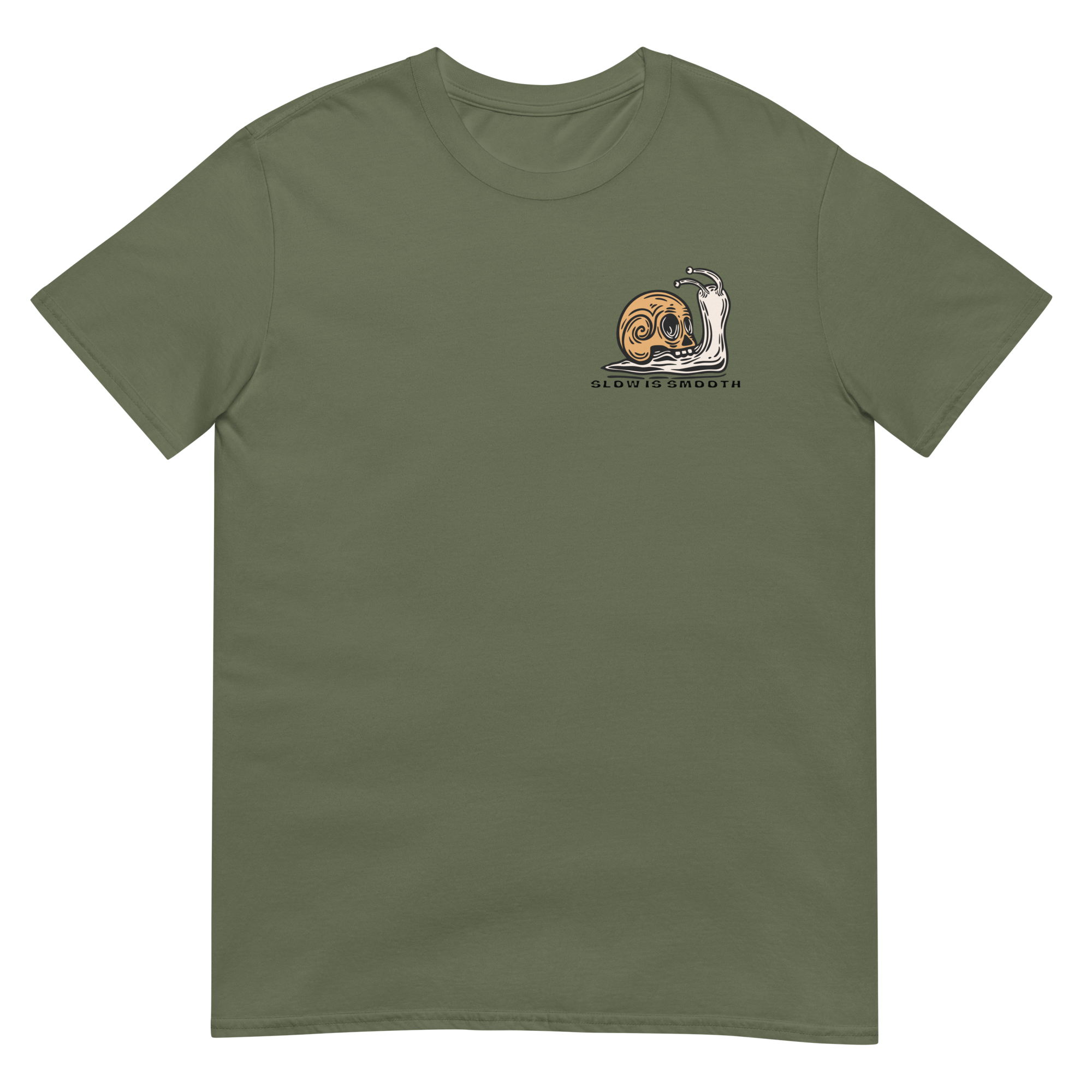 Vintage skull-shell snail graphic with Slow Is Smooth and Smooth Is Fast typography inspired by racing, riding, and motorsports culture.