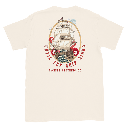 Nautical ship battling storm waves and sea creature graphic with Until The Ship Sinks text by D\CIPLE Clothing Co