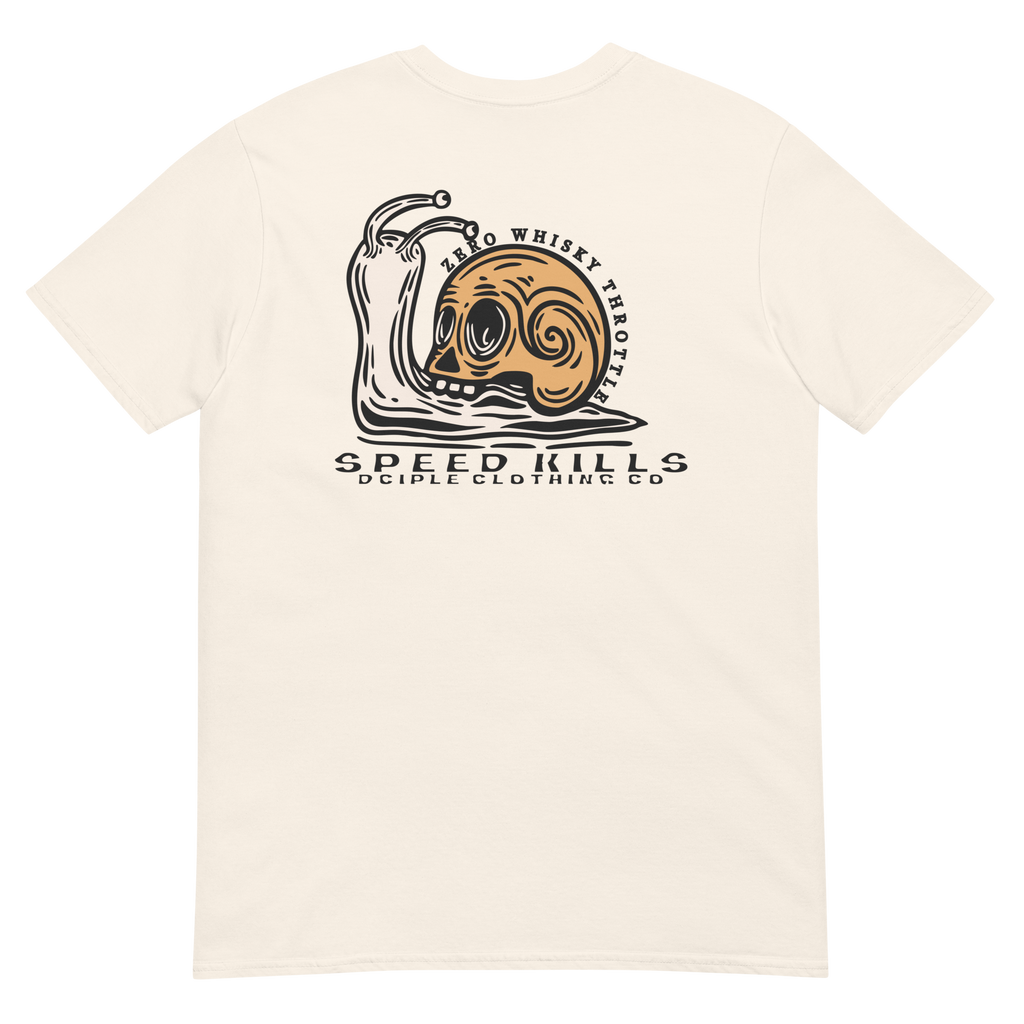 Vintage skull-shell snail graphic with Slow Is Smooth and Smooth Is Fast typography inspired by racing, riding, and motorsports culture.