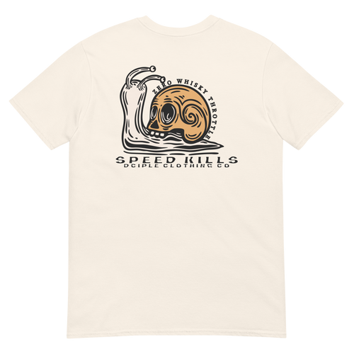 Vintage skull-shell snail graphic with Slow Is Smooth and Smooth Is Fast typography inspired by racing, riding, and motorsports culture.