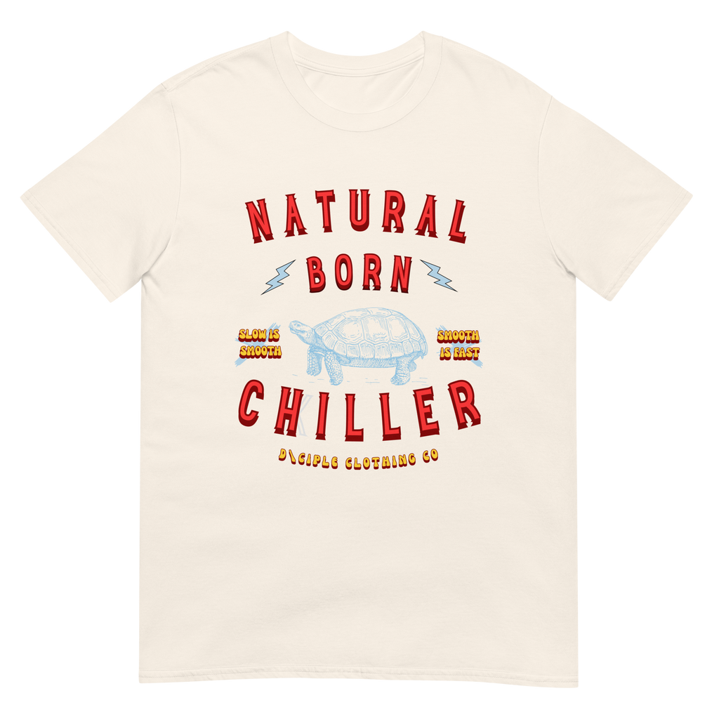 Blue turtle outline Natural Born Chiller graphic T-shirt with Slow Is Smooth Smooth Is Fast tactical slogan by D\CIPLE Clothing Co.