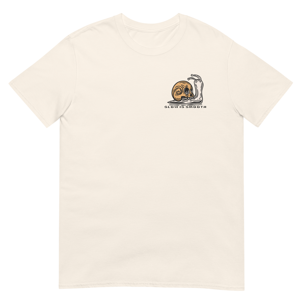 Vintage skull-shell snail graphic with Slow Is Smooth and Smooth Is Fast typography inspired by racing, riding, and motorsports culture.
