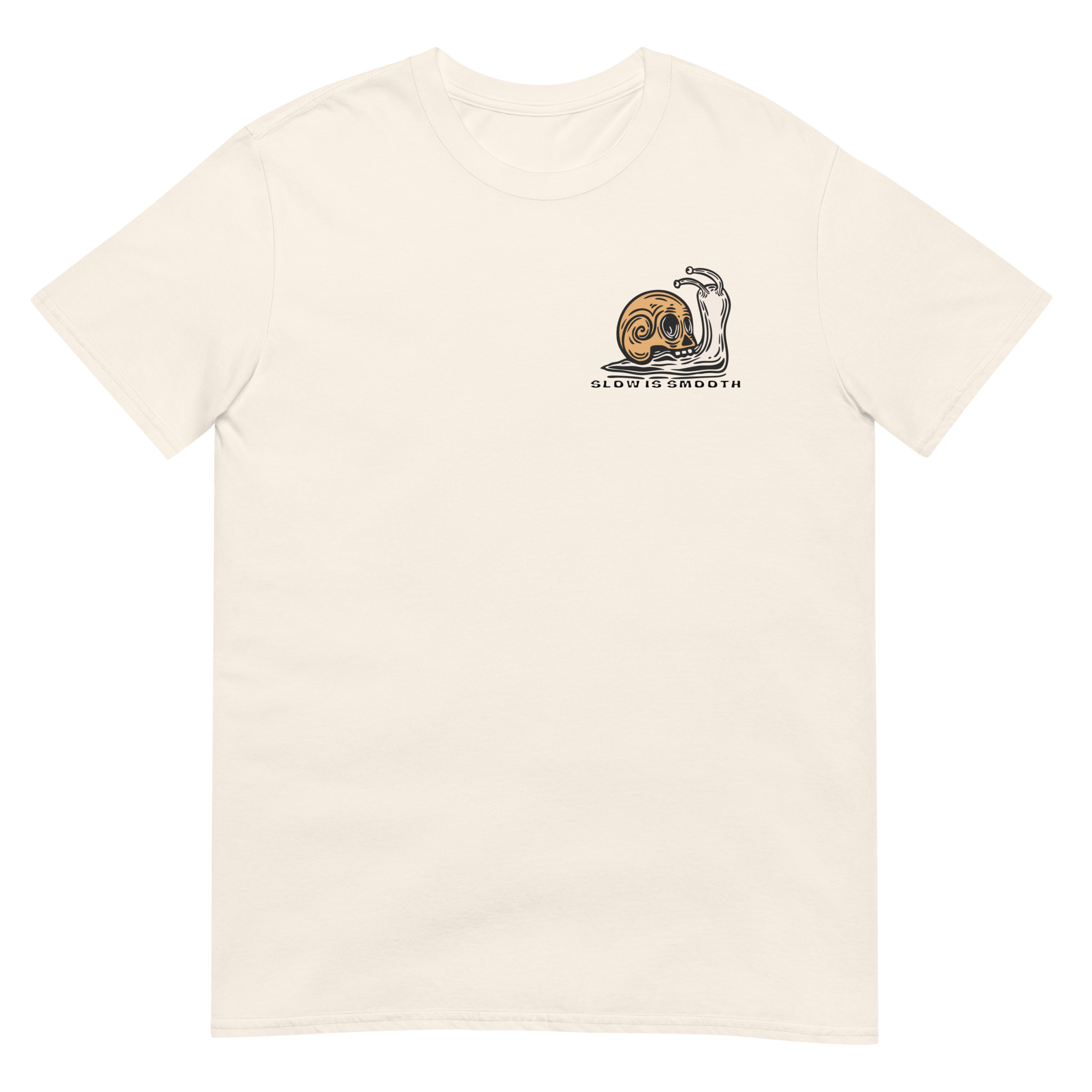 Vintage skull-shell snail graphic with Slow Is Smooth and Smooth Is Fast typography inspired by racing, riding, and motorsports culture.