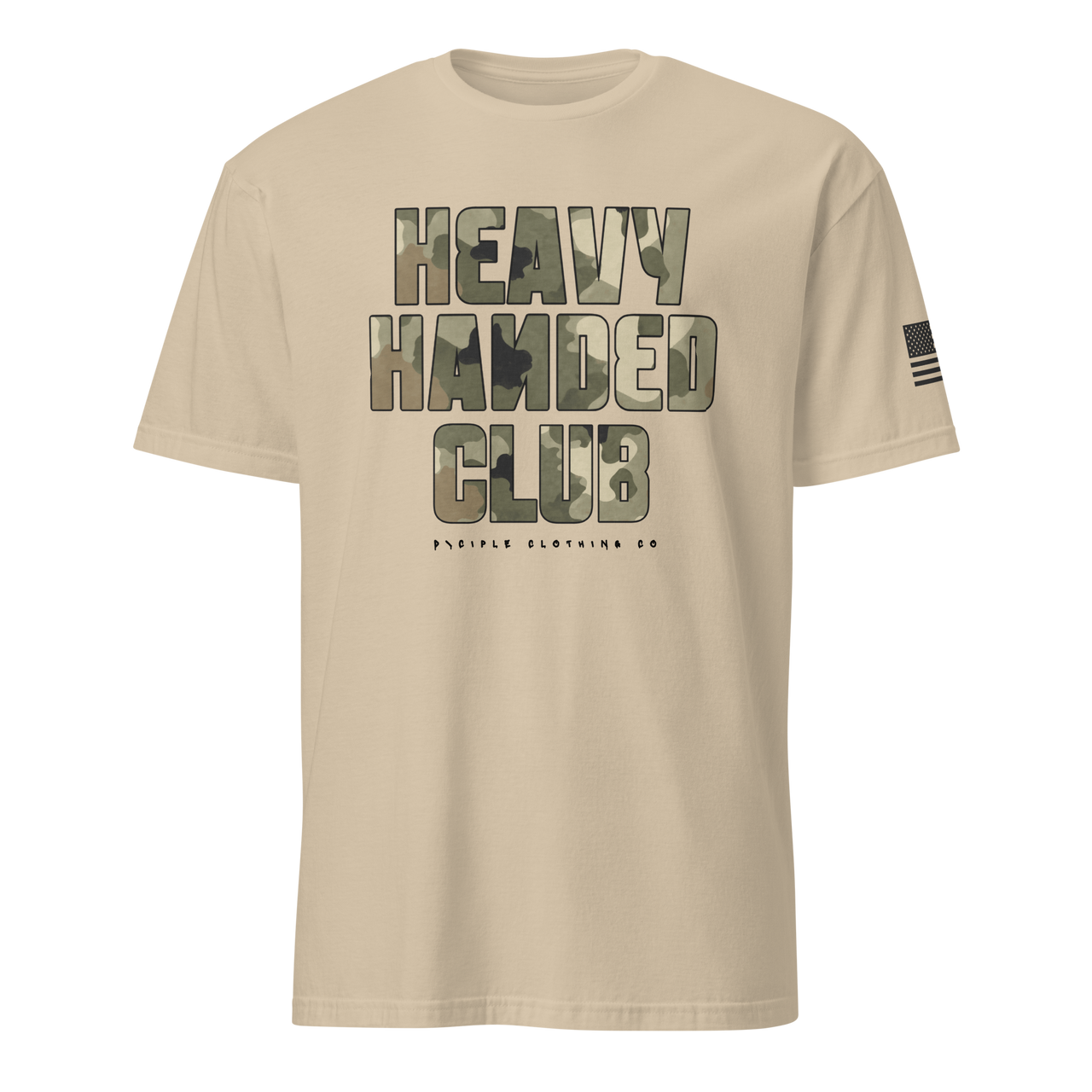 Heavy Handed Club graphic t-shirt with oversized camo typography on tan garment dyed tee by Dciple Clothing Co