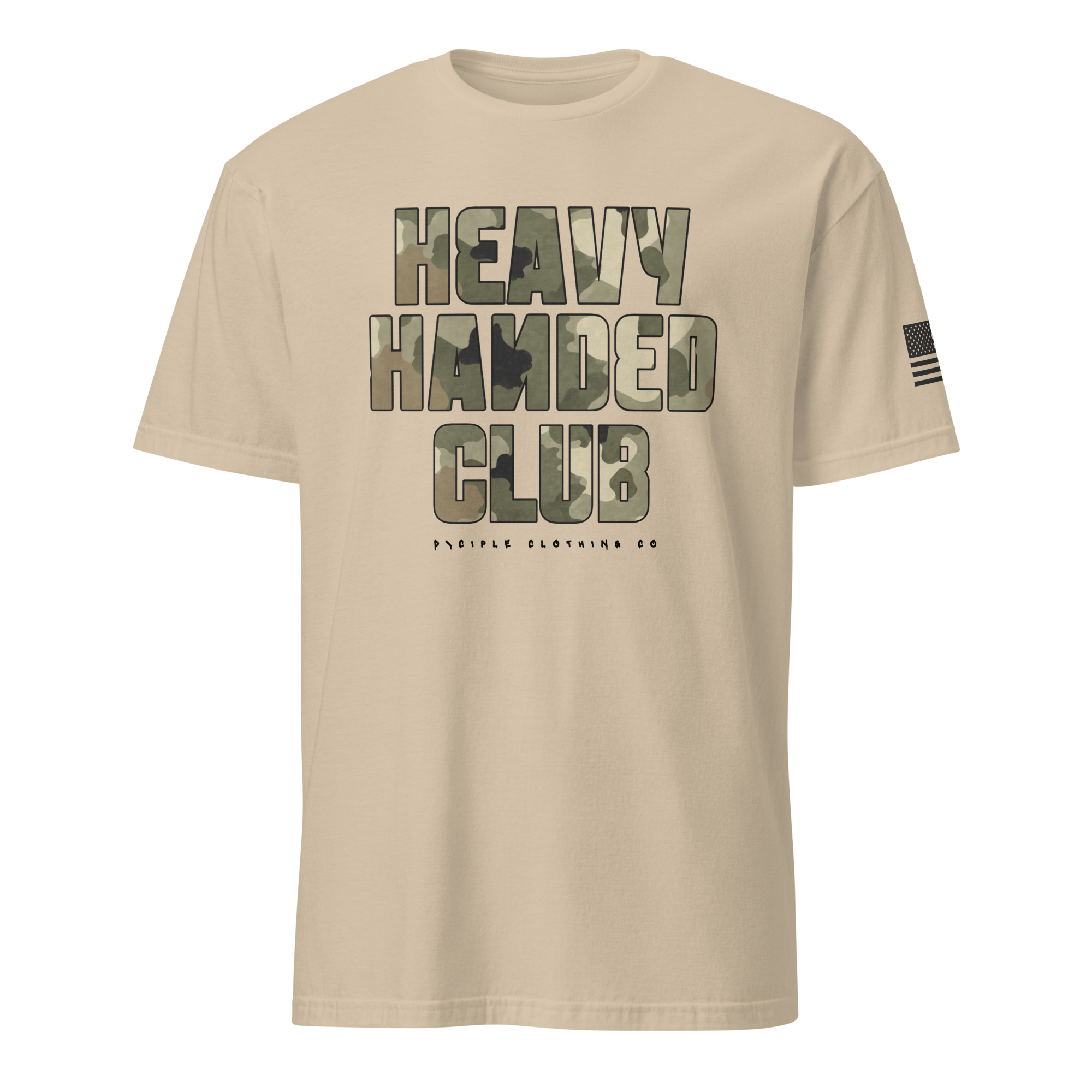 Heavy Handed Club graphic t-shirt with oversized camo typography on tan garment dyed tee by Dciple Clothing Co