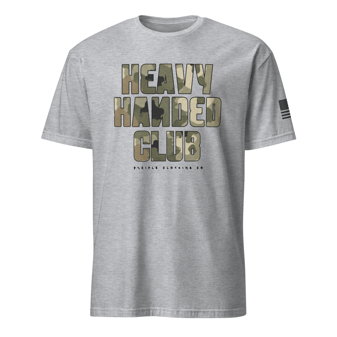 Heavy Handed Club graphic t-shirt with oversized camo typography on charcoal garment dyed tee by Dciple Clothing Co