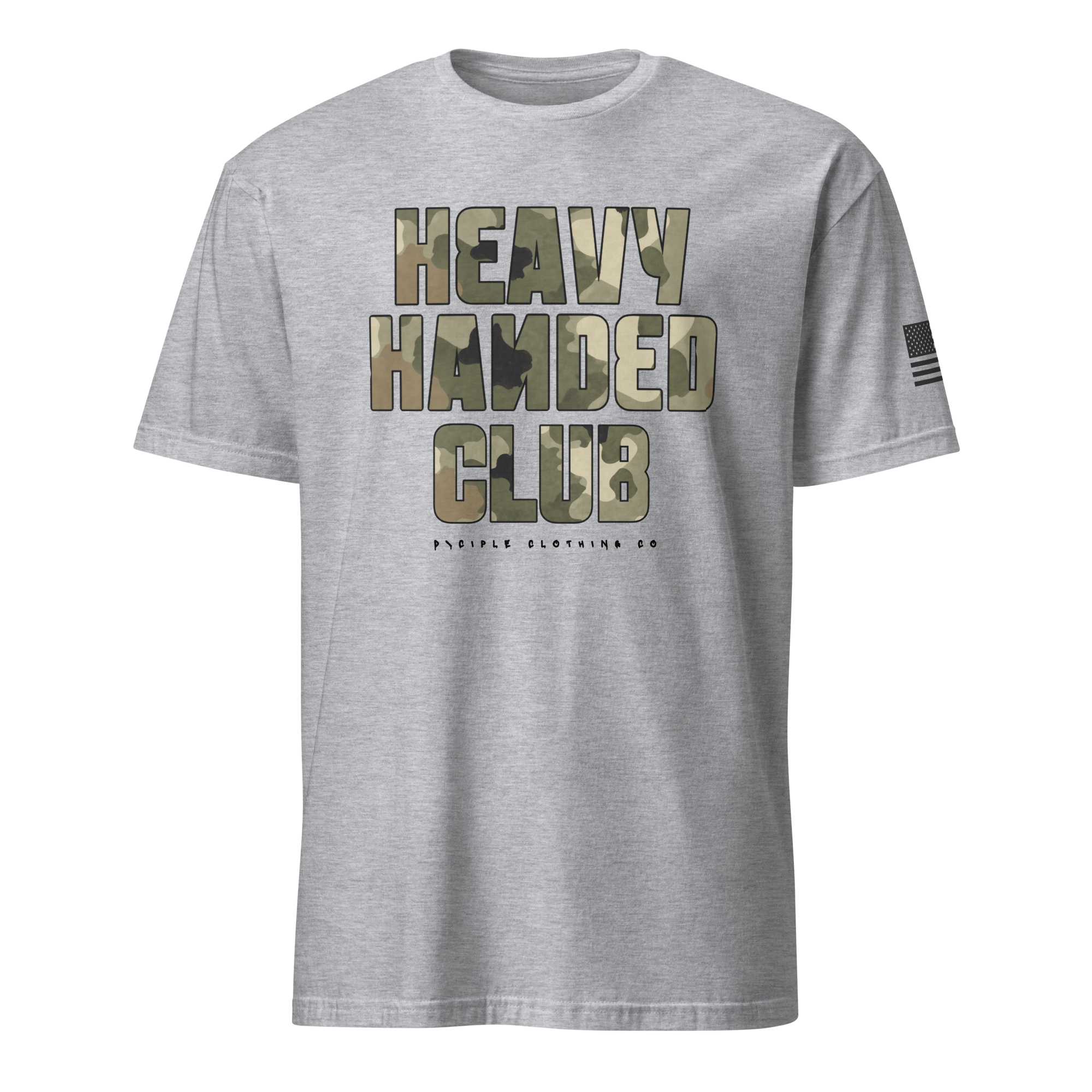 Heavy Handed Club graphic t-shirt with oversized camo typography on charcoal garment dyed tee by Dciple Clothing Co