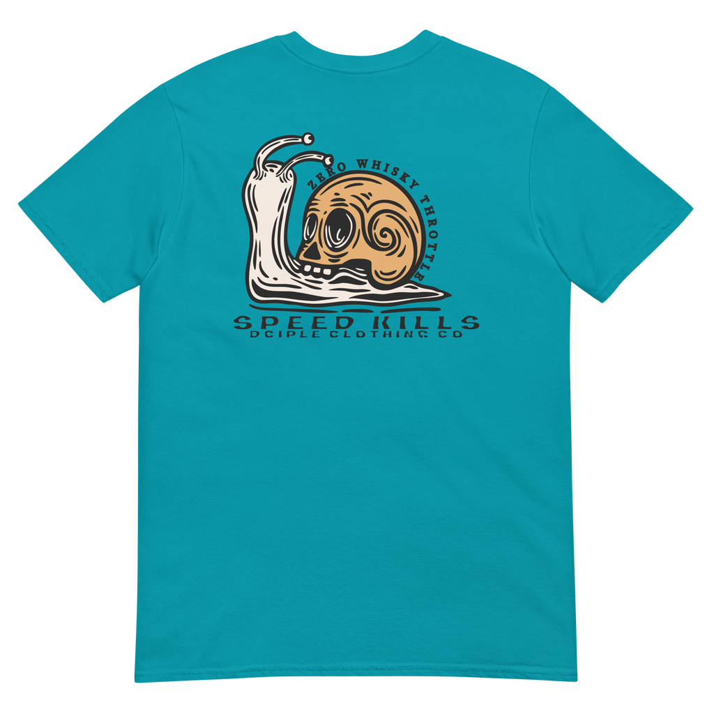 Vintage skull-shell snail graphic with Slow Is Smooth and Smooth Is Fast typography inspired by racing, riding, and motorsports culture.