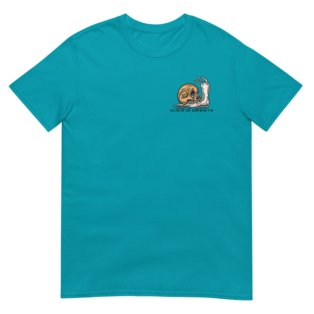 Vintage skull-shell snail graphic with Slow Is Smooth and Smooth Is Fast typography inspired by racing, riding, and motorsports culture.