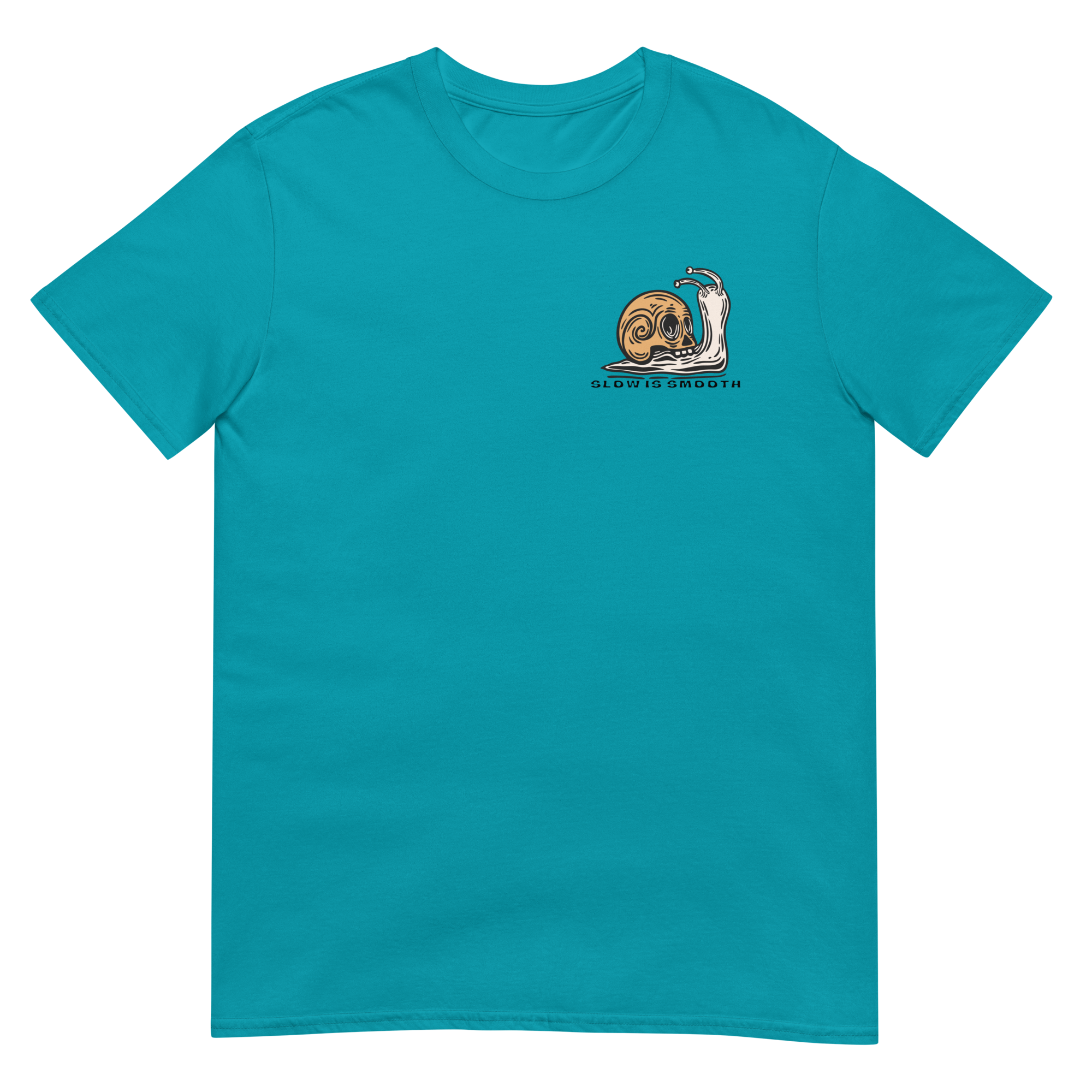 Vintage skull-shell snail graphic with Slow Is Smooth and Smooth Is Fast typography inspired by racing, riding, and motorsports culture.