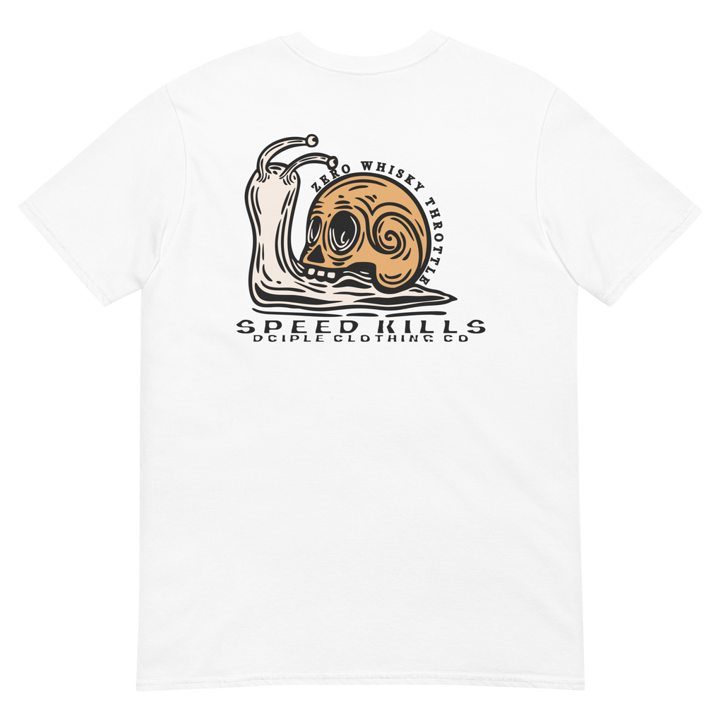 Vintage skull-shell snail graphic with Slow Is Smooth and Smooth Is Fast typography inspired by racing, riding, and motorsports culture.