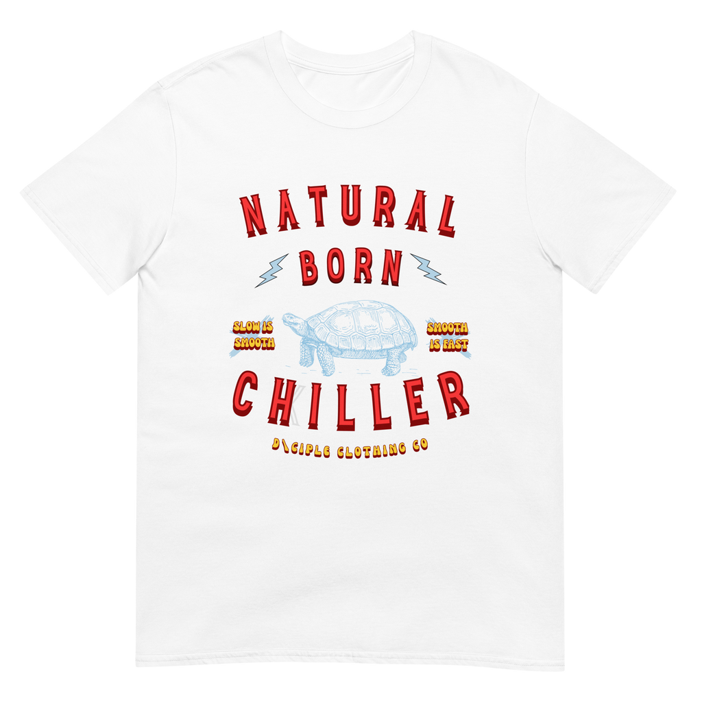 Blue turtle outline Natural Born Chiller graphic T-shirt with Slow Is Smooth Smooth Is Fast tactical slogan by D\CIPLE Clothing Co.