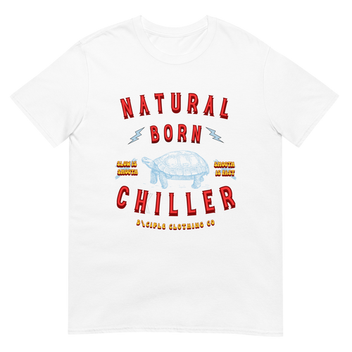 Blue turtle outline Natural Born Chiller graphic T-shirt with Slow Is Smooth Smooth Is Fast tactical slogan by D\CIPLE Clothing Co.