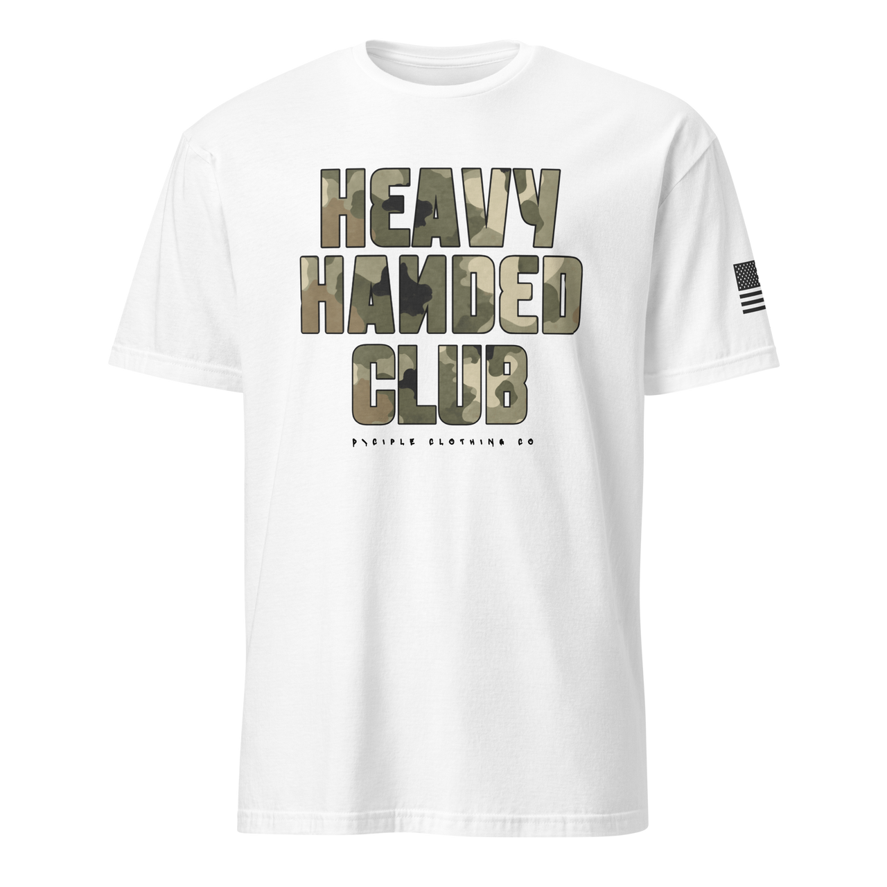 Heavy Handed Club graphic t-shirt with oversized camo typography on white garment dyed tee by Dciple Clothing Co