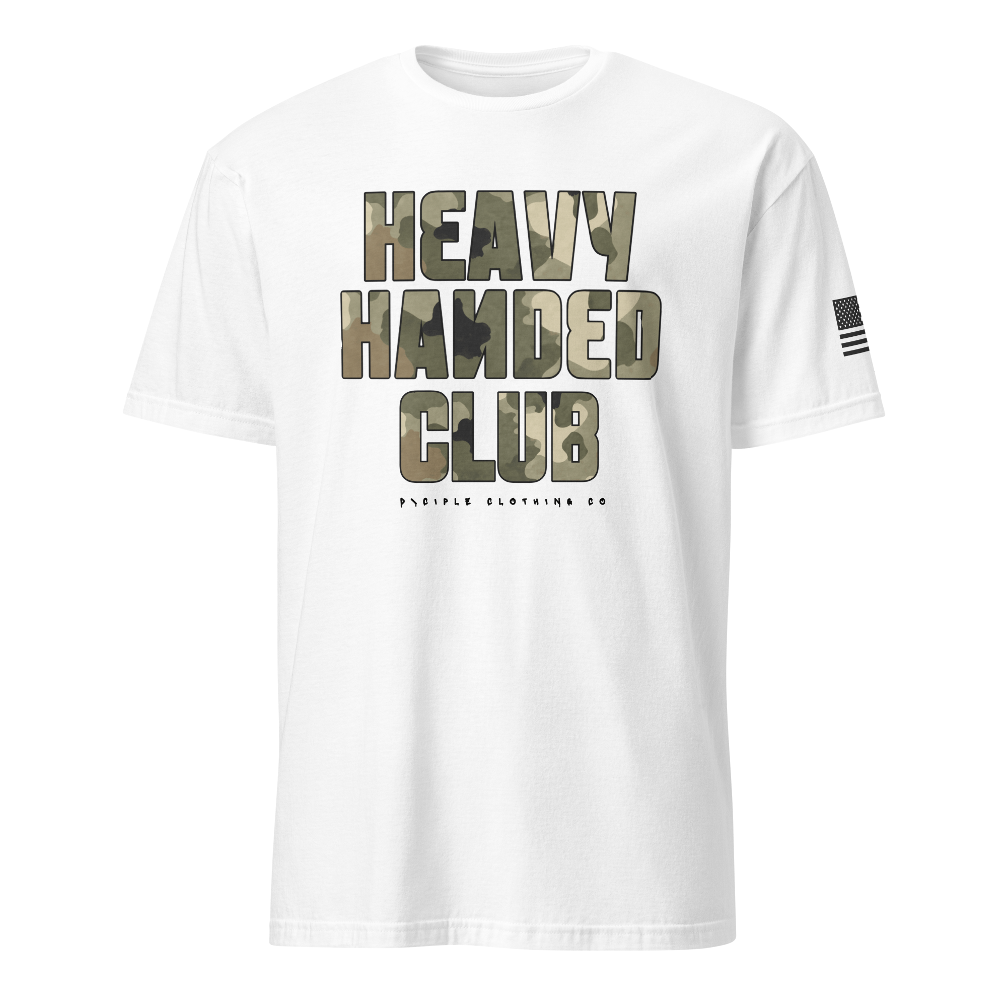 Heavy Handed Club graphic t-shirt with oversized camo typography on white garment dyed tee by Dciple Clothing Co