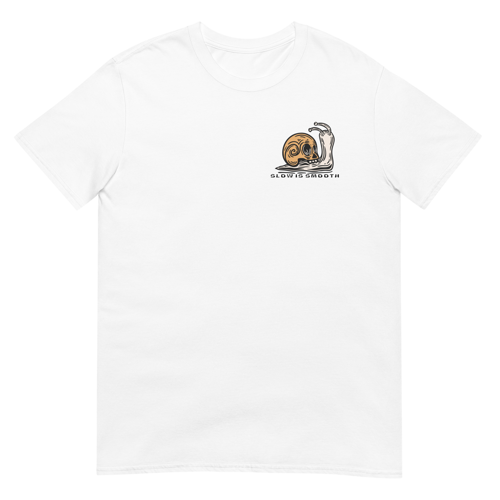 Vintage skull-shell snail graphic with Slow Is Smooth and Smooth Is Fast typography inspired by racing, riding, and motorsports culture.