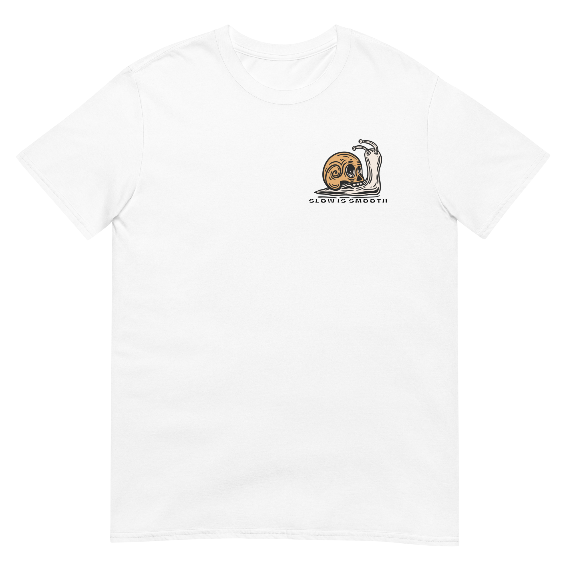 Vintage skull-shell snail graphic with Slow Is Smooth and Smooth Is Fast typography inspired by racing, riding, and motorsports culture.