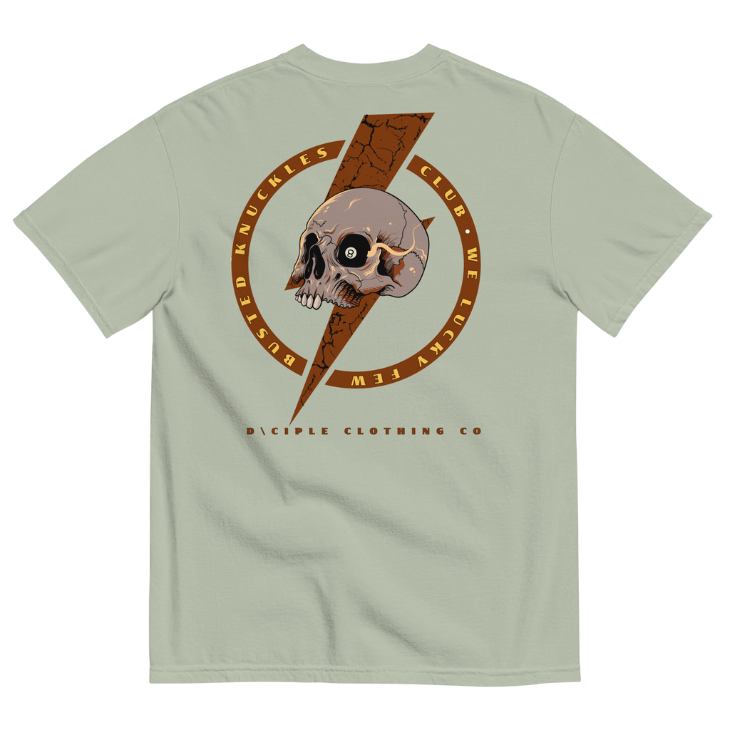 Busted Knuckles Club skull and lightning bolt graphic t-shirt by Dciple Clothing Co on green color shirt