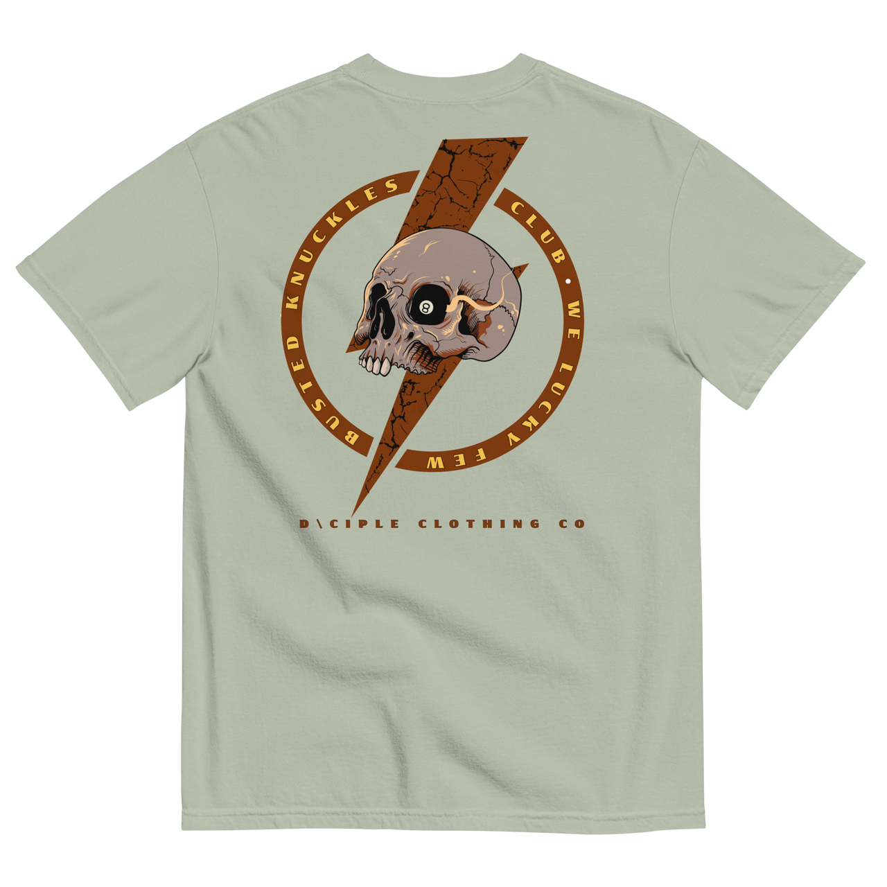 Busted Knuckles Club skull and lightning bolt graphic t-shirt by Dciple Clothing Co on green color shirt
