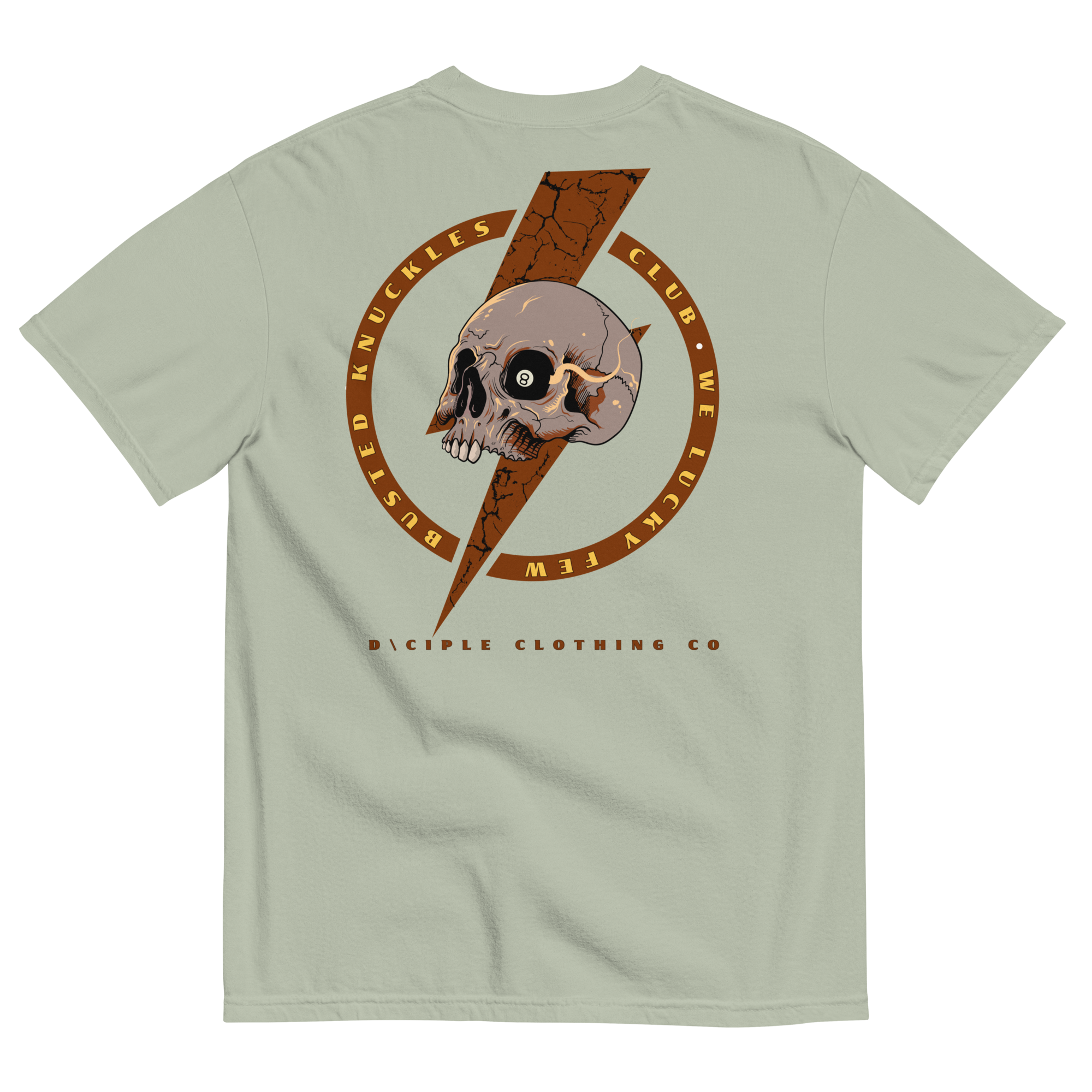 Busted Knuckles Club skull and lightning bolt graphic t-shirt by Dciple Clothing Co on green color shirt