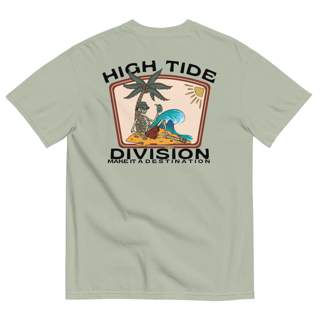 Back graphic of High Tide Division Make It A Destination T-Shirt featuring a skeleton relaxing beneath a palm tree beside an ocean wave.

Front chest logo of High Tide Division Make It A Destination T-Shirt featuring the Dciple C.C. fish emblem.