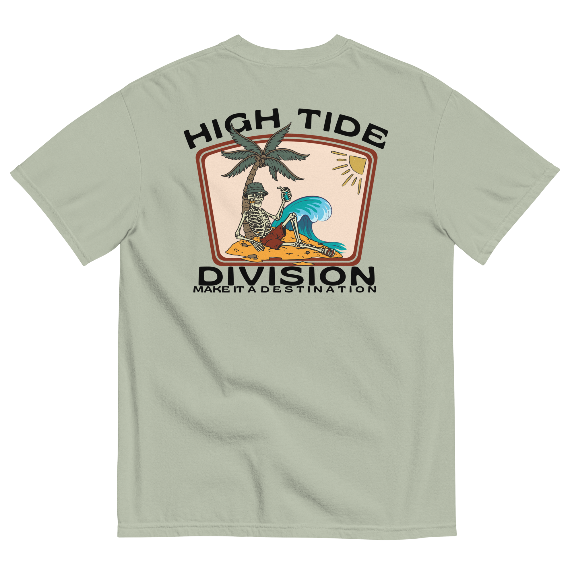 Back graphic of High Tide Division Make It A Destination T-Shirt featuring a skeleton relaxing beneath a palm tree beside an ocean wave.

Front chest logo of High Tide Division Make It A Destination T-Shirt featuring the Dciple C.C. fish emblem.