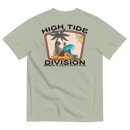 Back graphic of High Tide Division Make It A Destination T-Shirt featuring a skeleton relaxing beneath a palm tree beside an ocean wave.

Front chest logo of High Tide Division Make It A Destination T-Shirt featuring the Dciple C.C. fish emblem.